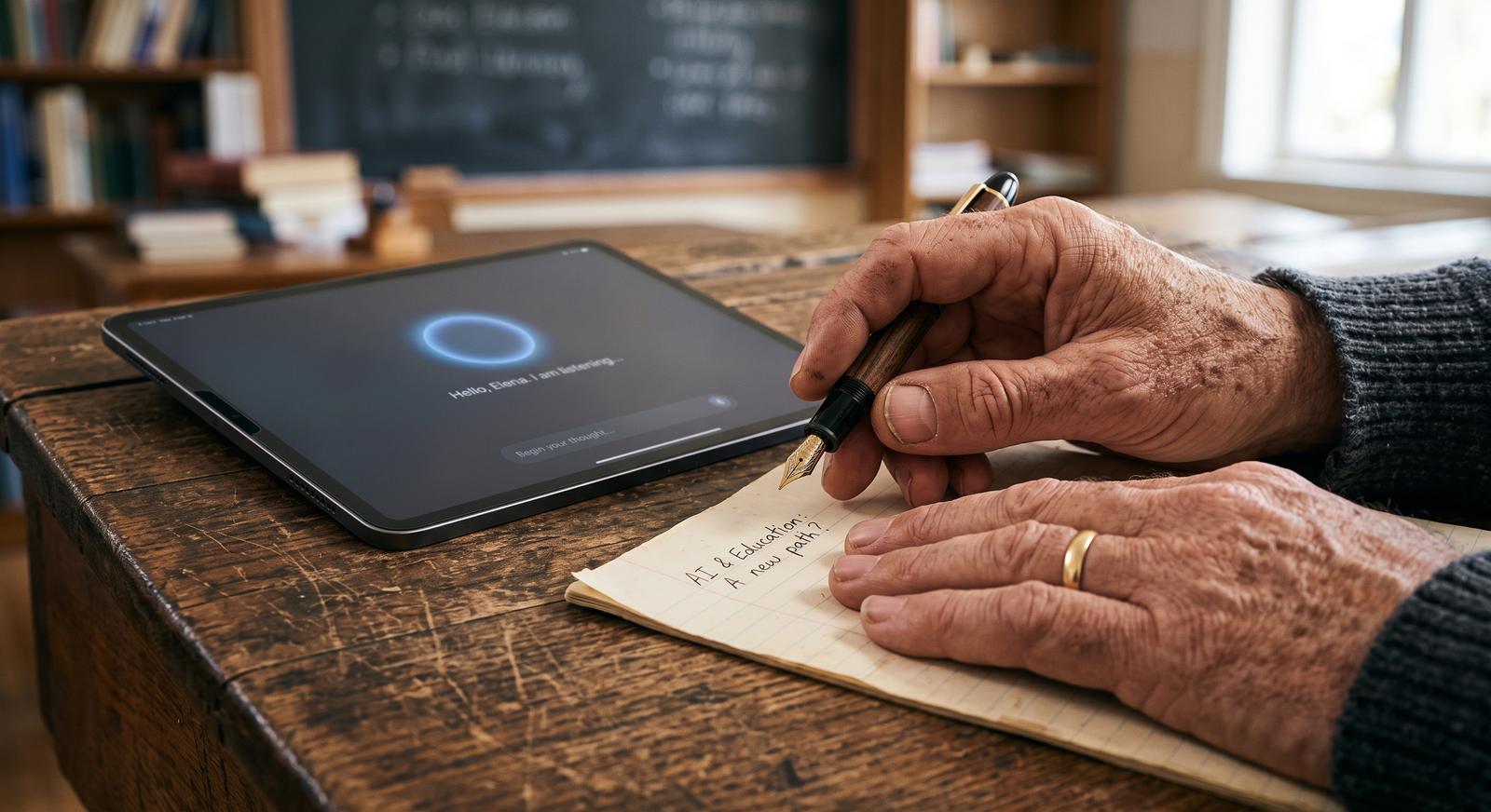 Docente escribiendo junto a una tablet con un asistente de IA activo, durante una sesión de formación en directo