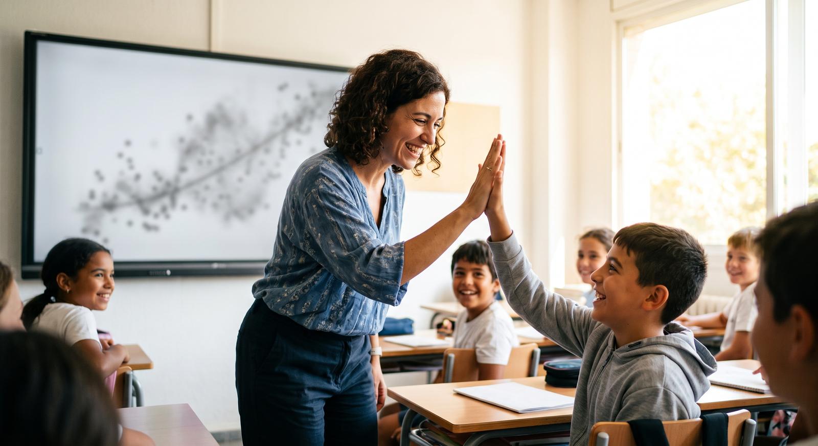 Profesora chocando la mano con un alumno de Primaria, con una visualización de datos en la pantalla digital del aula